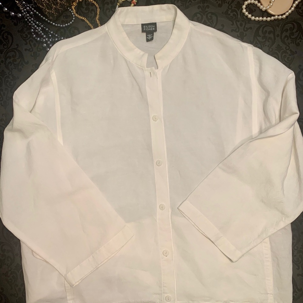 Eileen Fisher sz large shirt button pockets linen